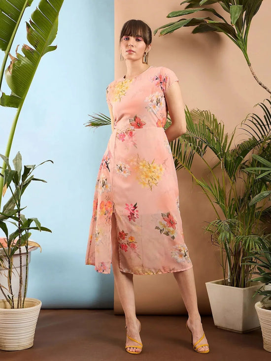 Women Peach Floral Back Cut Out Dress