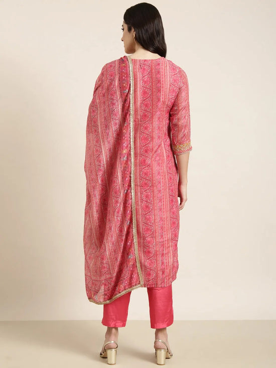 Women Straight Pink Floral Kurta and Trousers Set Comes With Dupatta-GW-3605-Pink