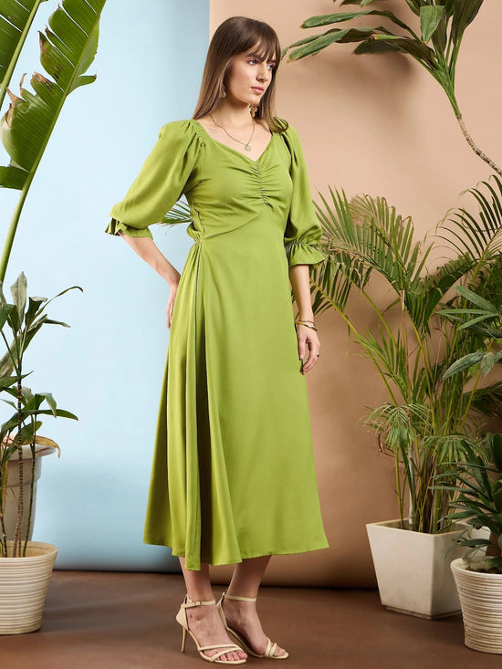 Women Olive Front Ruched Back Cut Out Midi Dress