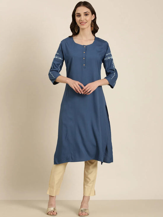 Women Blue Solid Straight Kurta-DF-1580-Blue