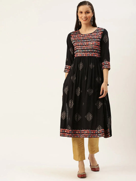 Women's Blue Printed A-Line Kurtas-GW-2414-Navyblue