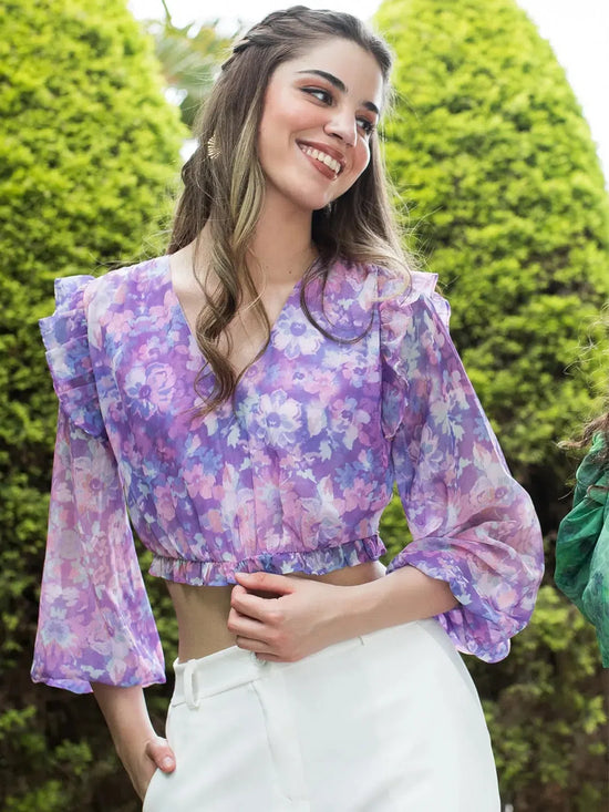 Floral Purple Front Gathered Crop Top-17315