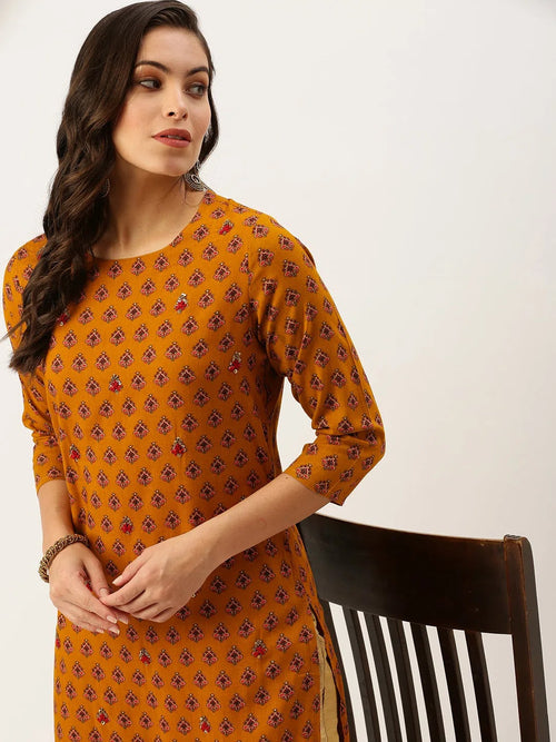 Women's Yellow Printed Straight Kurtas-GW-2441-Mustard