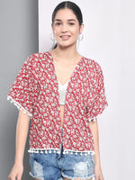 Red Floral Printed Pom Pom Shrug