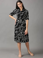 Women's Black Printed Fit and Flare Dress-AE-444131-Black