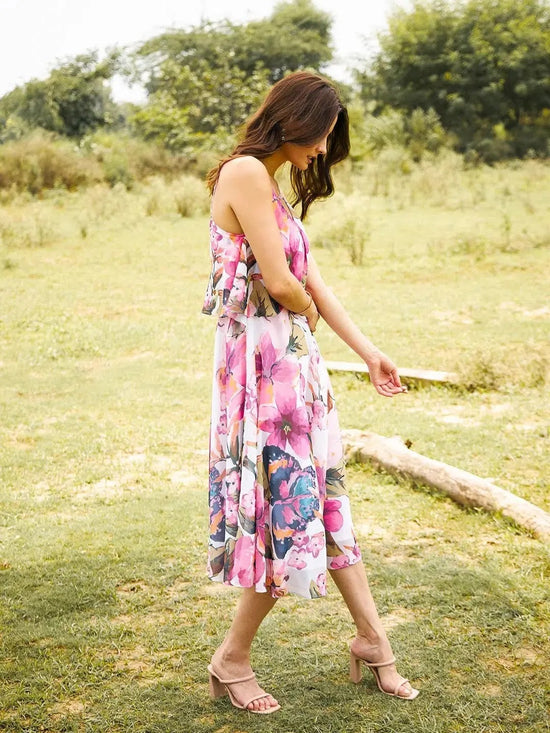 Flare yoke spaghetti Midi Dress in Off white Print