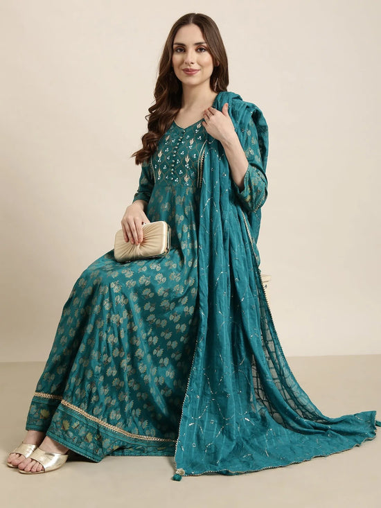 Women Anarkali Green Floral Kurta Comes with Dupatta-DK-3151-Green