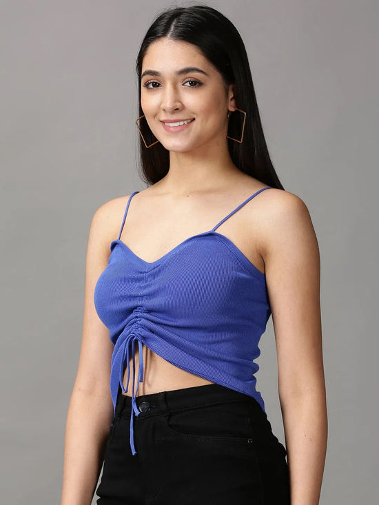 Women's Blue Solid Fitted Crop Top-MW-1055-Blue