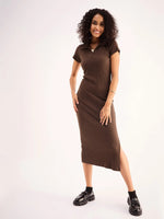 Women Brown Rib Collar Midi Dress