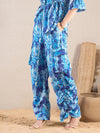 Women Blue Brushstroke Tie Shirt With Ruched Cargo Pants