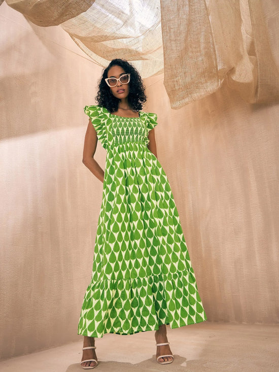 Women Green Leaf Print Back Knot Frill Maxi