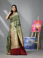 Dark Green Silk Banarasi Saree With Zari Woven Floral And Paisley Designs-MA52BSL441050005