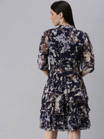 Women Navy Blue Printed Fit and Flare Dress-DW-1244-Navyblue