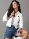 Women's White Solid Denim Jacket-AE-9511-White