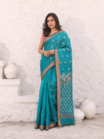 Teal Cotton Saree With Zari Border-MA54BCT041380031