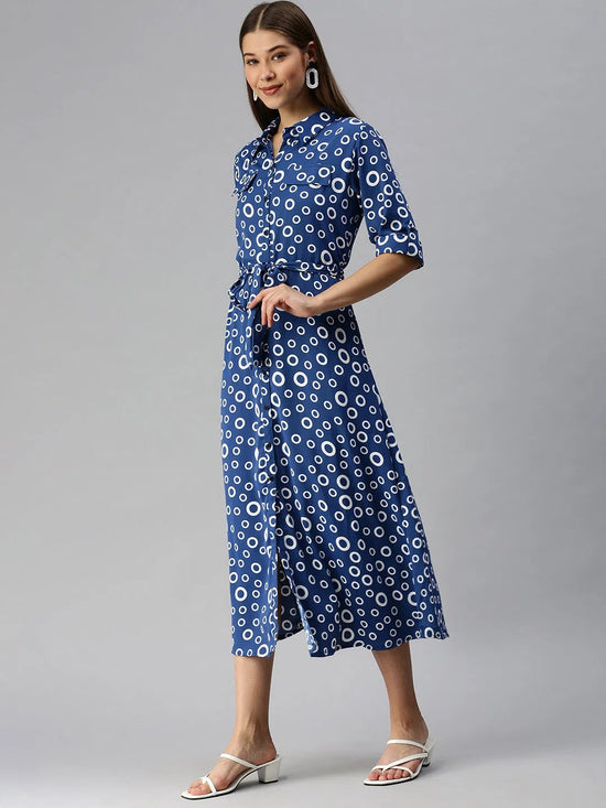 Women's Blue Printed Shirt Dress-AE-444943-Blue