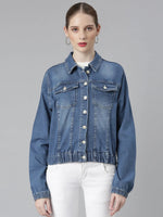 Women Blue Solid Denim Jacket-IM-10478A-Blue