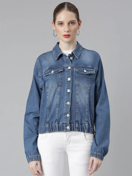 Women Blue Solid Denim Jacket-IM-10478A-Blue