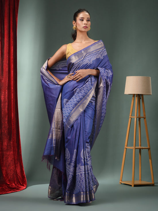 Blue Blended Silk Handwoven Saree With Zari Border-MA50BSL34830109