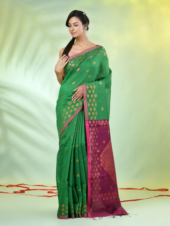 Green Cotton Saree With Geomatric Patterns-MA66BCT43830035