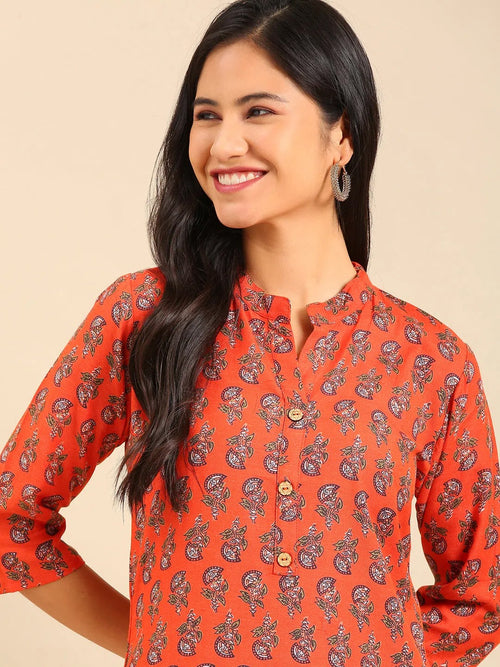 Women's Orange Printed Straight Kurta-GW-500-S-Orange