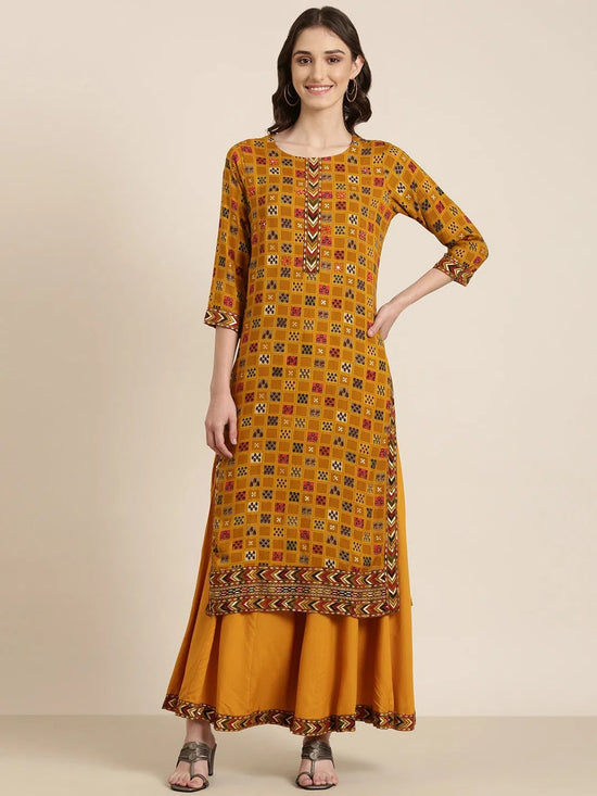 Women Mustard Geometrical Kurta Set-CRL-1606-Mustard