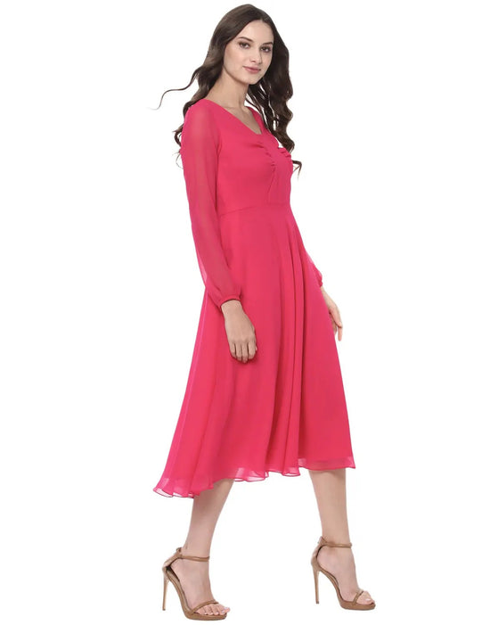 Front Gathered Midi Skater Dress in Pink