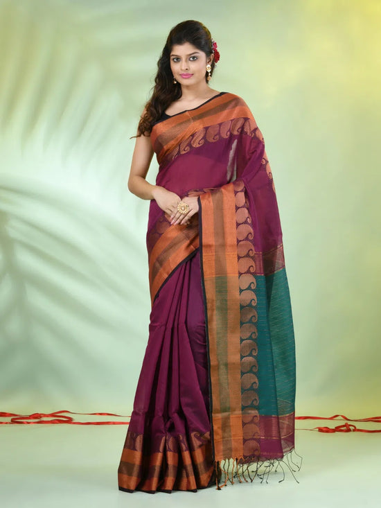 Magenta Cotton Saree With Zari Borders-MA66BCT43620060