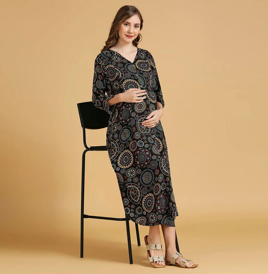 MomToBe Black Print Maternity Fit Flare Midi Dress