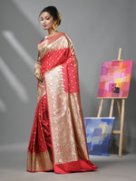 Watermelon Pink Katan Silk Banarasi Saree With Ethnic Motifs And Zari Woven Designs-MA52KA441380079