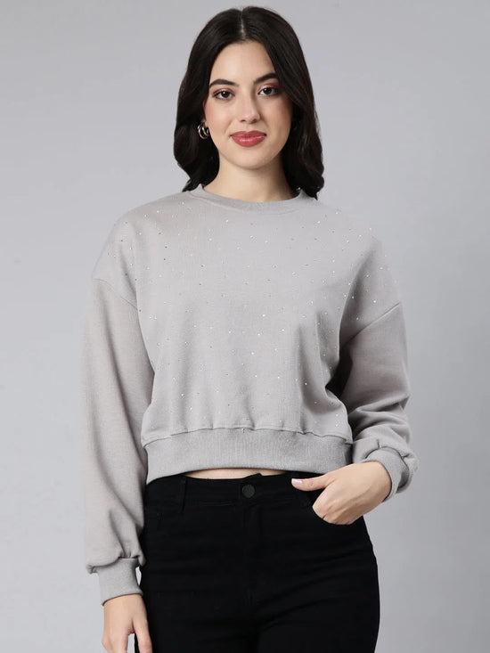 Women Self Design Grey Crop Sweatshirt-7004-Grey