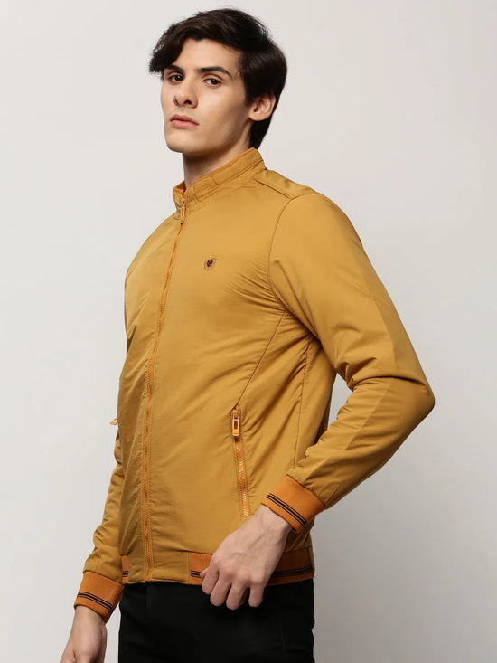 Men Yellow Solid Casual Bomber Jackets-ZD-3100-Mustard