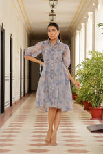 Vaasva Women Sky Blue Organza Marble Printed Dress-148-Vaas-Sky