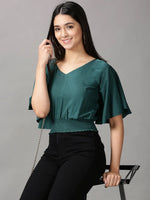 Women's Green Solid Cinched Waist Crop Top-AE-10558-Green