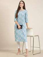 Women Blue Floral Straight Kurta-ON-0046-Blue