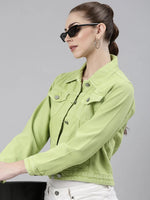 Women Lime Green Solid Denim Jacket-GZ-5598-Limegreen