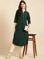 Women's Green Embellished Straight Kurta-SKC-3328-Green