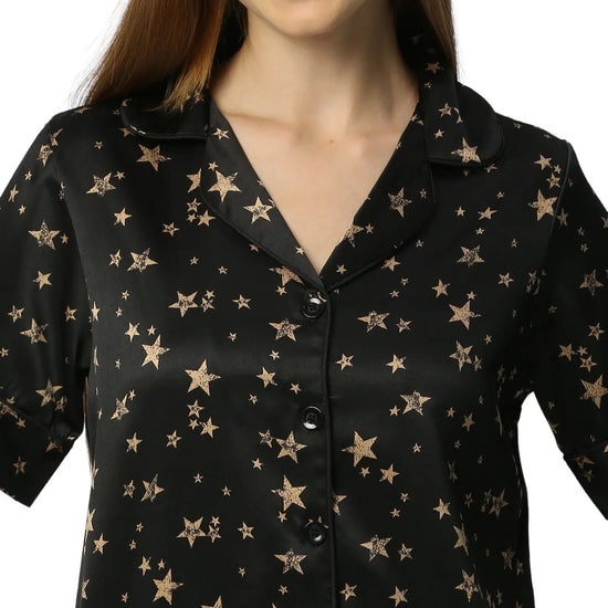 Smarty Pants Women's Silk Satin Black Color Star Print Night Suit-SMNSP-912-S