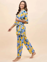 Kurta Pyjama with Kaftan Overlay Set in Blue and Yellow Pineapple Print