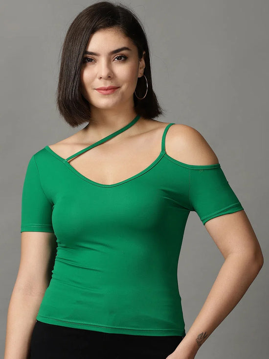 Women's Green Solid Fitted Top-AC-2006-Green