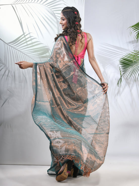 Teal Polka Dots Tissue Saree With Stripes Pallu-MA56TIS33830030