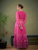 Women Pink Floral Anarkali Skirt With Crop Top