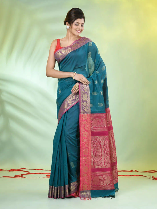 Teal Cotton Saree With Nakshi Zari Borders-MA66BCT431050026