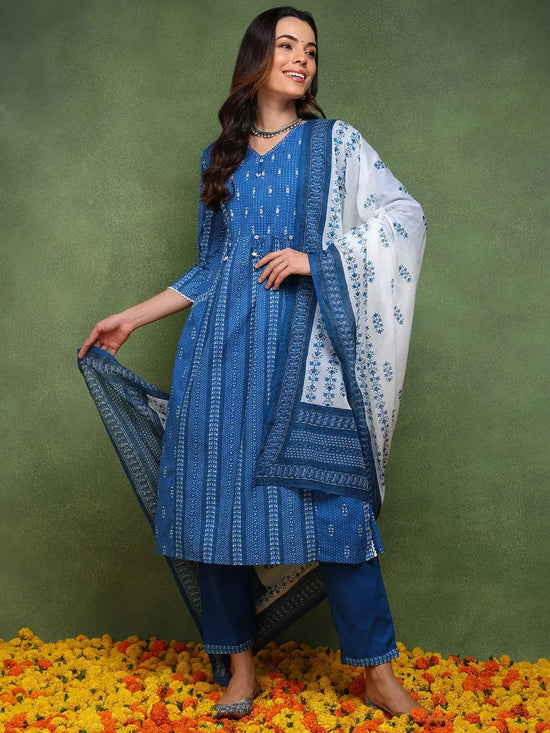 Ahika Women Blue Pure Cotton Ethnic Motifs Printed Straight Kurta Trouser With Dupatta-JPSKD1028BLU_M