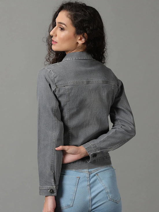 Women's Grey Solid Denim Jacket-AE-9501-Grey