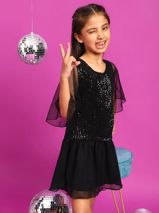 Tales & Stories Girls Black Polyester Regular Fit Sequins Dress