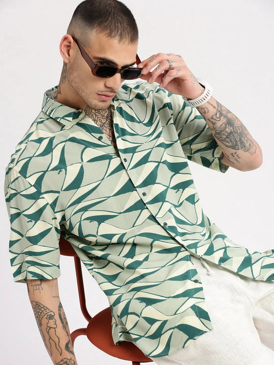 Men Spread Collar Abstract Green Casual Shirt-POLFAH-2104-Green