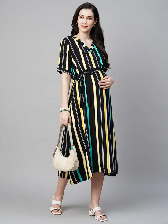 MomToBe Striped V-Neck Maternity Midi A-Line Sustainable Dress With Belt-1155mtbblkstrpd-l