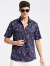 Men Spread Collar Floral Navy Blue Casual Shirt-REVERIE-2112-Navyblue