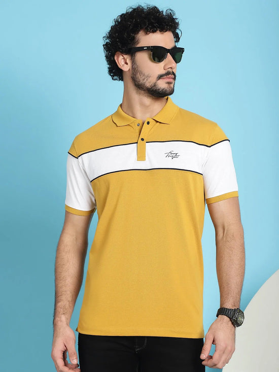 Venitian Men Printed Polo Neck Cut And Sew Cotton Mustard T-Shirt